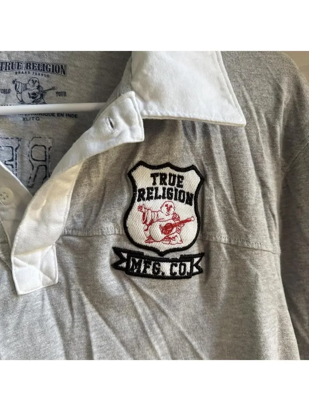 👕 True Religion Long Sleeve Rugby Polo Shirt Men’s XL Gray Y2K